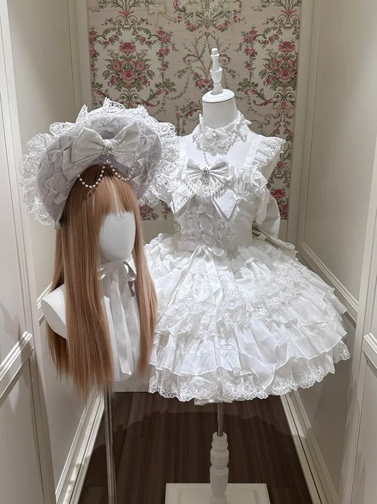 White Ballet Style Lace Ruffle Lolita JSK Dress with Bead Chain Bow Details - White Sugar Girl