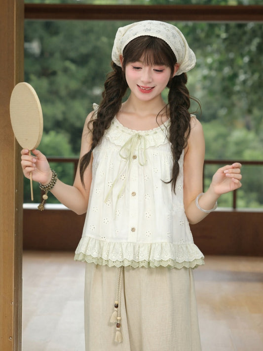 Tanktop mit Ausschnitt, zum Selbstbinden, flatternde Ärmel, gestuft am Träger, grün mit Rüschen, Cutton