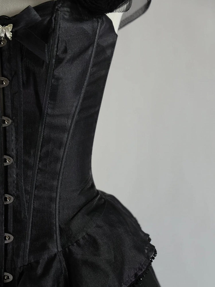 Black Top Corset with Lolita and Shoulder Bow Rose Accents Ribbon