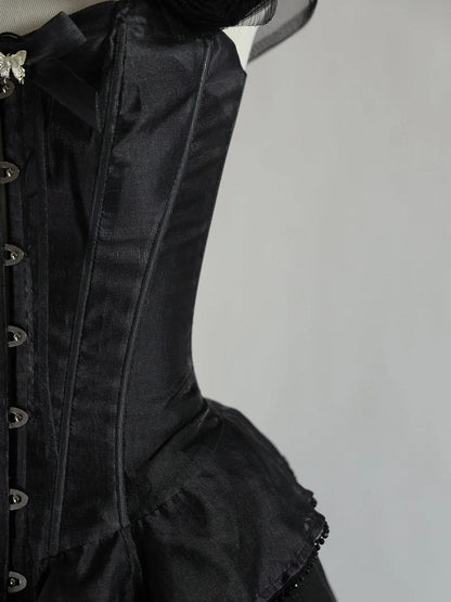 Black Top Corset with Lolita and Shoulder Bow Rose Accents Ribbon