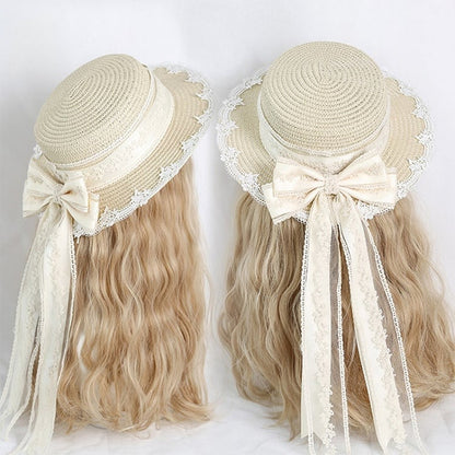 Kei Mori Country Detachable Bowknot With Lolita Straw Hat Lace Beige Ribbon
