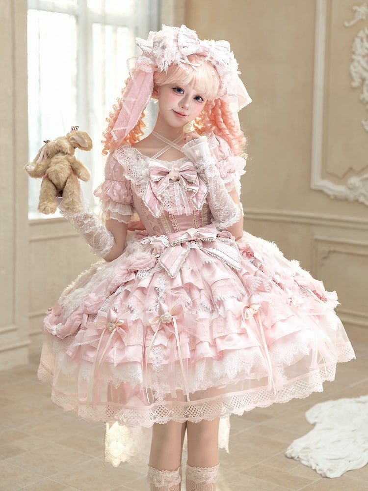 Style Sweet Theme OP Lace Hanayome Full Pink Dress Strawberry Set Lolita