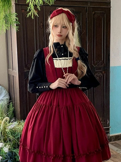 Red Elegant Classic Lolita JSK Dress with Ruffled Front Placket and Lace Trim