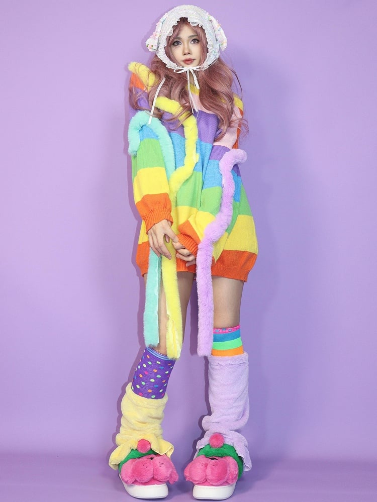 Stulpen Bein Bunt Overknee + Fashion Plushie Gestreift PerpleYellow Gyaru Strümpfe Und Muster Polka-Dot