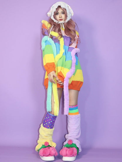 Stulpen Bein Bunt Overknee + Fashion Plushie Gestreift PerpleYellow Gyaru Strümpfe Und Muster Polka-Dot