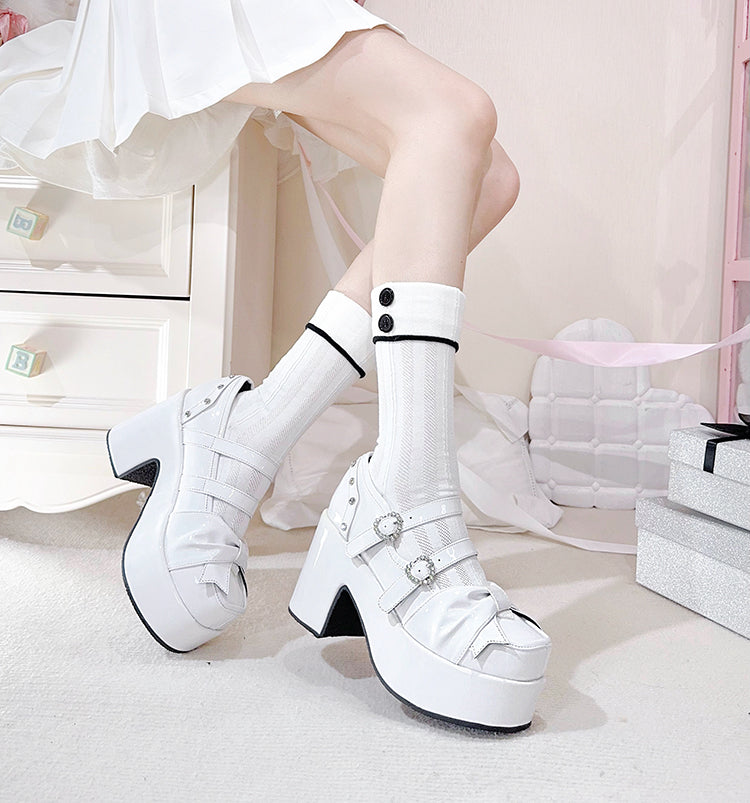 Polished White Bow at Top Rhinestone Buckles Platform Mary Jane Shoes