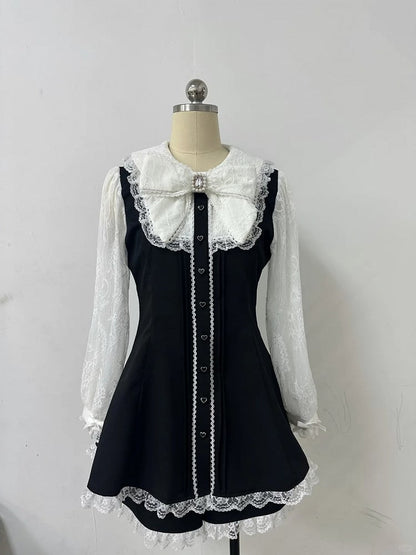 Jirai Kleid Kei Tailliertes Mini mit weißen Ärmeln Spitze Schwarz