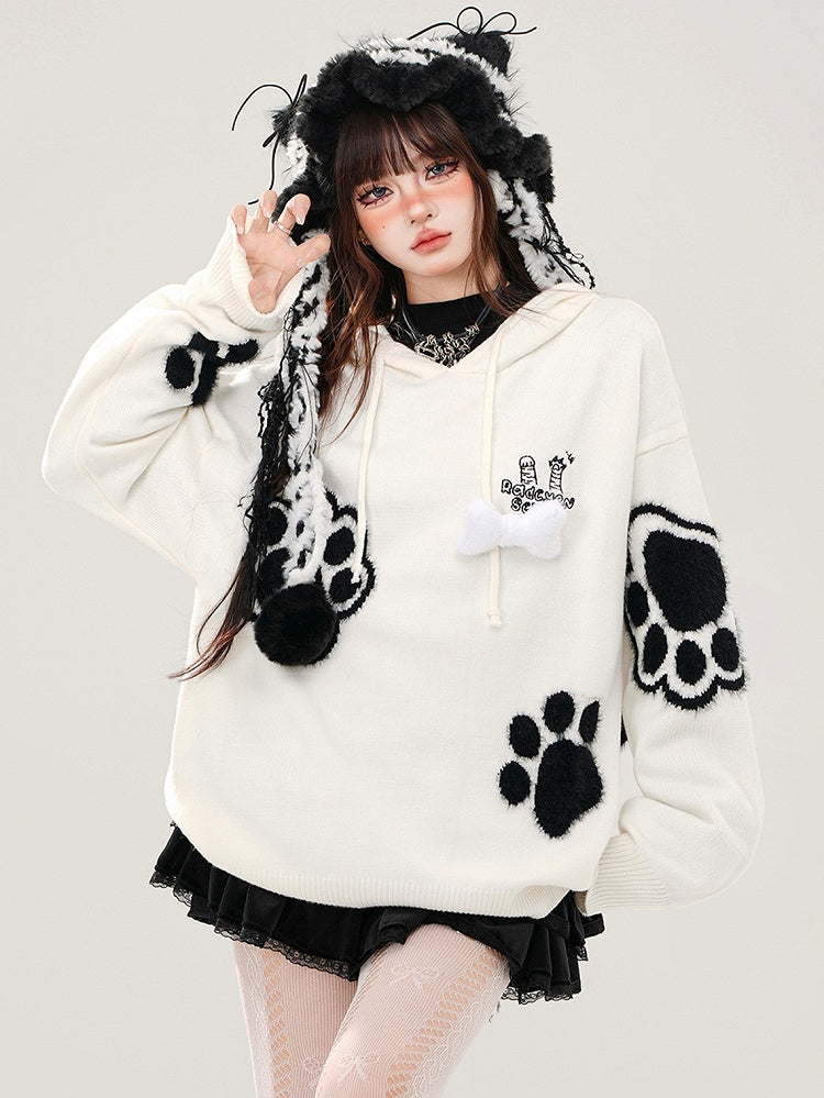 Black/White Cute Paw Appliques Puppy Ears Hoodie