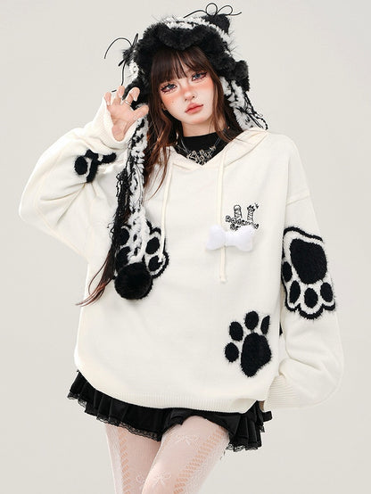 Black/White Cute Paw Appliques Puppy Ears Hoodie