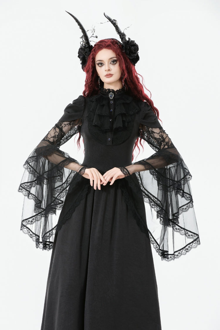 Black Stand Collar Trumpet Sleeve Lace Wedding Gothic Dress