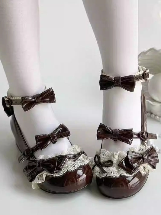 PU - Mary Brown with Lace Top Bow at Janes Lolita Decorative Sweet Low-heel Trim