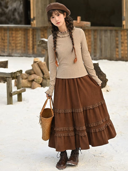 Brown Lace Trim Ankle Length Skirt