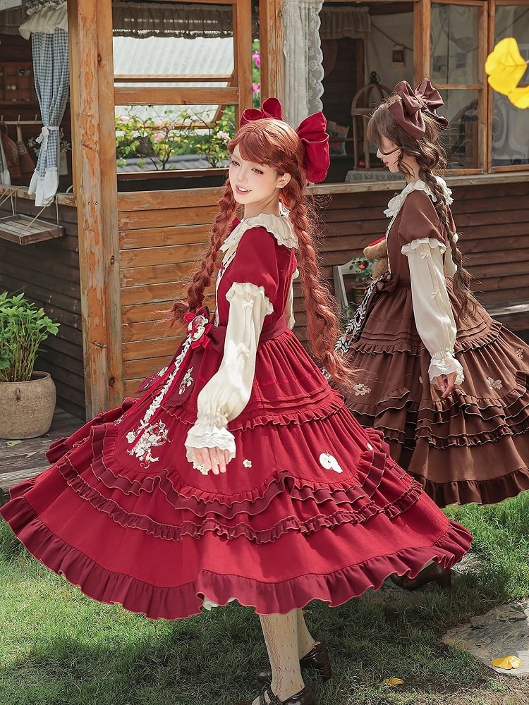 Wine Red Apple Embroidered OP Dress Set with Peter Pan Collar, Long Sleeves, Ruffle Trim, Belt, Brooch & Bow Hairclip - With PUJI