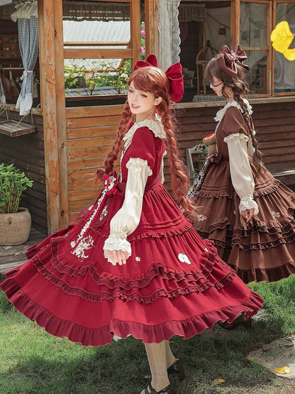 Wine Red Apple Embroidered OP Dress Set with Peter Pan Collar, Long Sleeves, Ruffle Trim, Belt, Brooch & Bow Hairclip - With PUJI