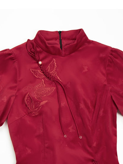 取り外し可能なビーズチェーン付き、赤い新年の蝶のマーメイドヘムチャイナドレス