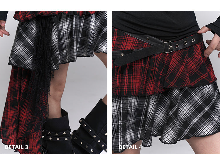 Rot-schwarzer asymmetrischer Karorock aus Netzstoff mit PU-Patchwork