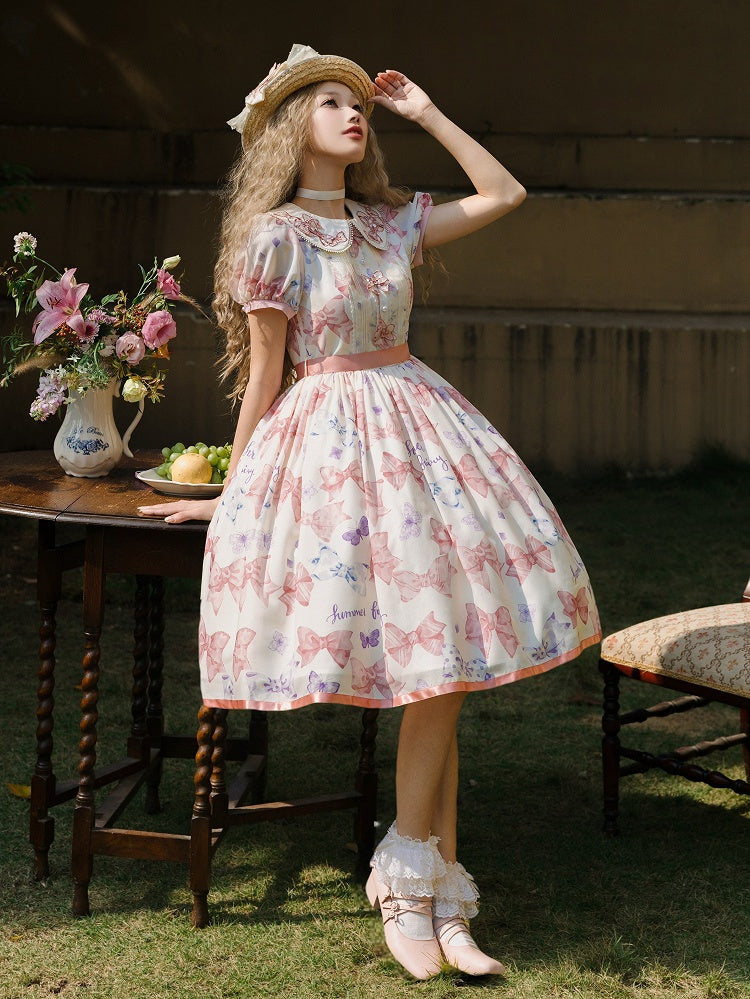Pink Bowknot Peter Pan Collar Lolita Dress Bows and Butterfly Print One Piece