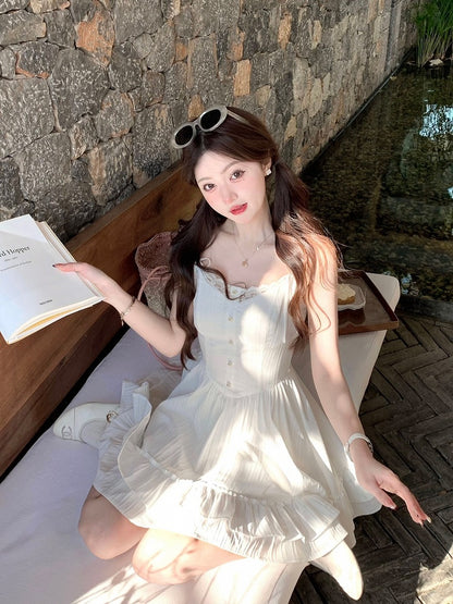 White Lace Detail Summer Holiday Dress - Qchiwawameme