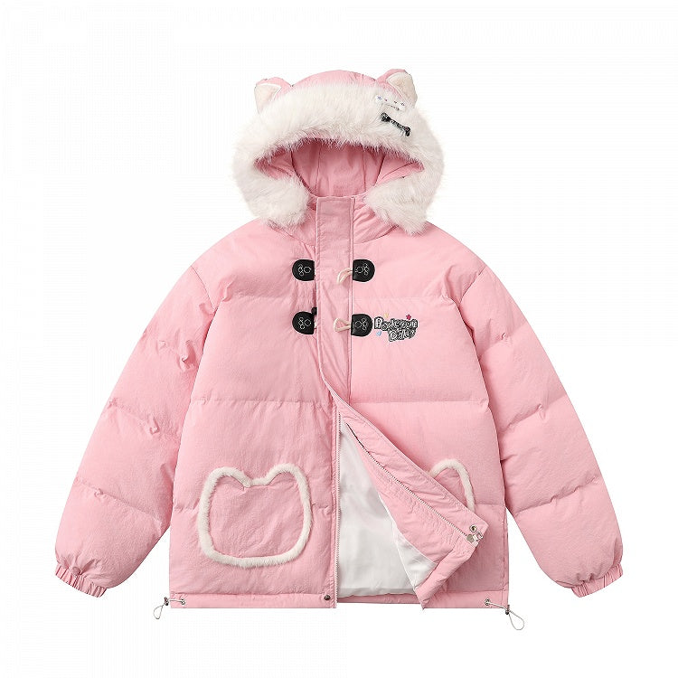 Black/Pink Letters Cat Ears Design Hooded Puffer Jacket