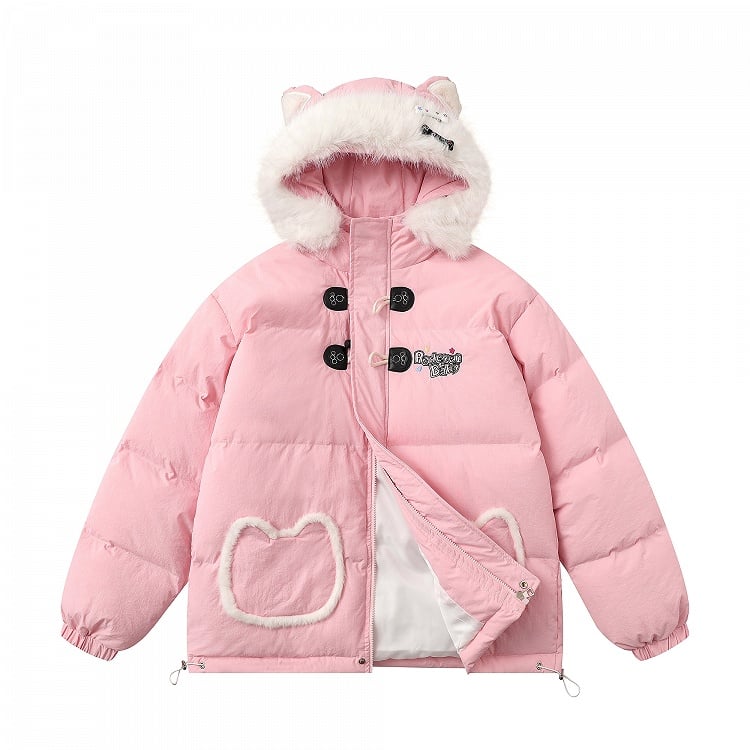 Pink Letter Embroidery Cat Ear Hooded Jacket - ROSEISO