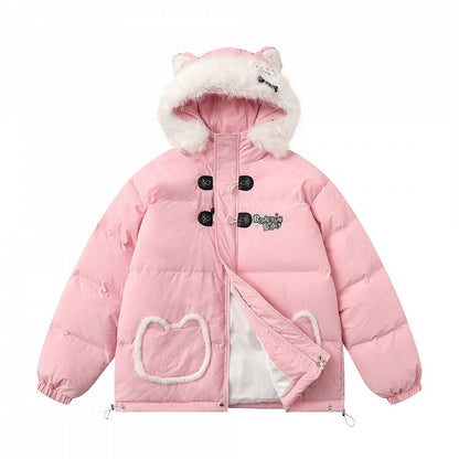 Pink Letter Embroidery Cat Ear Hooded Jacket - ROSEISO