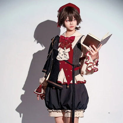 Black and Red Ouji Fashion Preppy Style Full Set-Beige Shirt + Red Waistcoat + High Waist Knickerbockers Shorts + Shawl+ Accessories