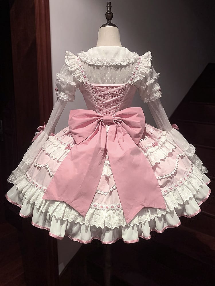 Rosa Ärmel Bluse Glocke Lange Schleifen Verziert Layered Weiß