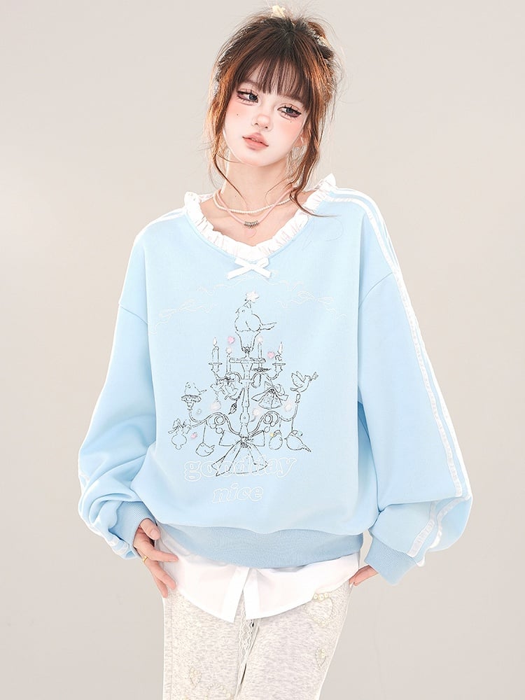 Grey/Blue Lampstand Print Ruffle Trim V-neck Sweatshirt