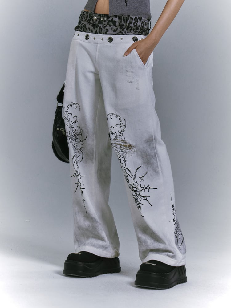 White Leopard Punk Jeans Print with Waistband Vintage Distressed Botanical