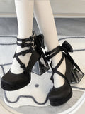 High in 9cm Bowknot Black Heel Details Elegant Camellia-Embedded Lolita Mary Block Janes