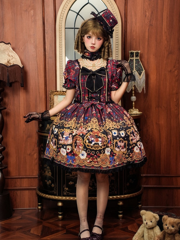 Print Puff Lace Lolita Trim Sleeves Dress Red and Black Bear Sweet Plaid with