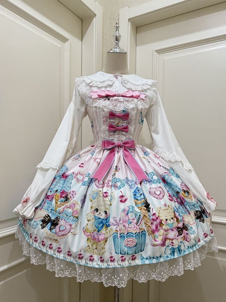 アイスクリームプリントの白いスカートとテディベアのスイートロリータジャンパー