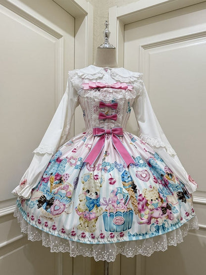 アイスクリームプリントの白いスカートとテディベアのスイートロリータジャンパー