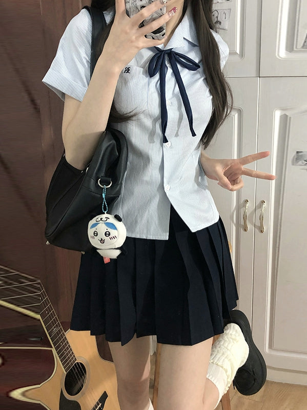 Short Sleeves Preppy Style Uniform Shirt Blue/Gray/Green Striped JK Pattern