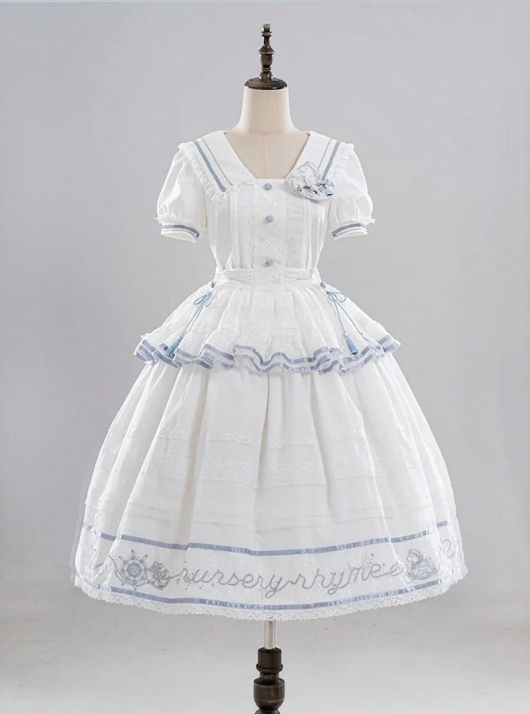 Ivory and Azure Stitched Sailor Gown with Detachable Collar - Honey Machine