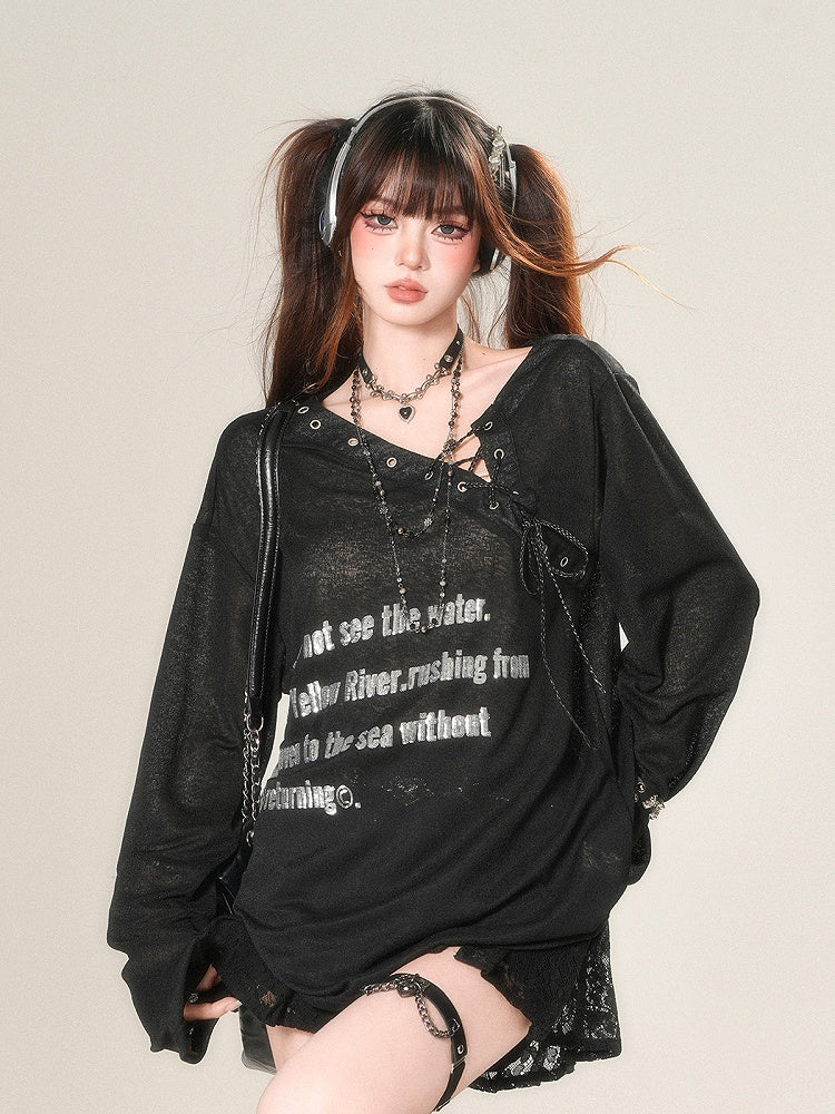 Schwarz/weißes, halbtransparentes Sonnenschutz-Top mit asymmetrischem Ausschnitt und Schnürdetail