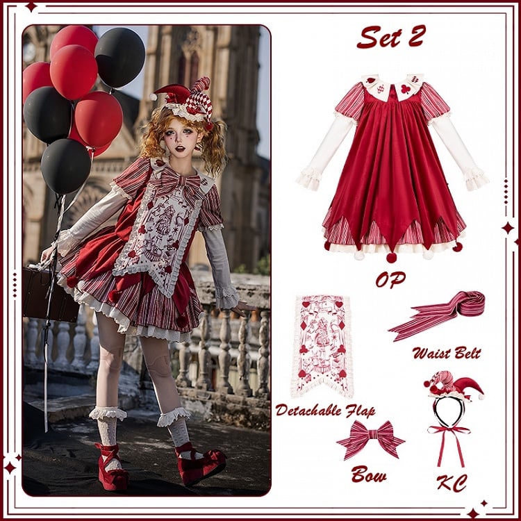 Clowncore Dress KC Printed Waist Lolita Detachable Belt Set Bow - Juliette Panel Red Sleeves + Stripes OP