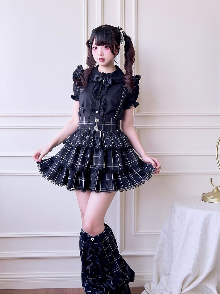 Black White Plaid Overalls with Detachable Straps - No Genki