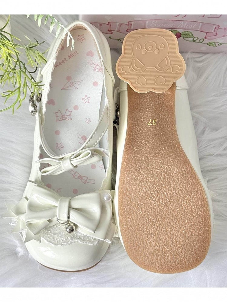 White Lolita Bow Pearl Round Toe Shoes - Sweet Mist