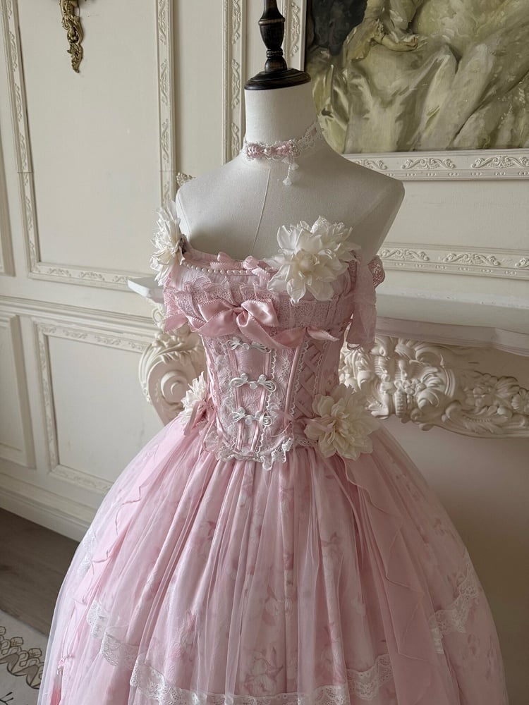 with Long Version Pink Jasmine-Embellished Buttons Top + Print Lolita Skirt Corset Frog Floral