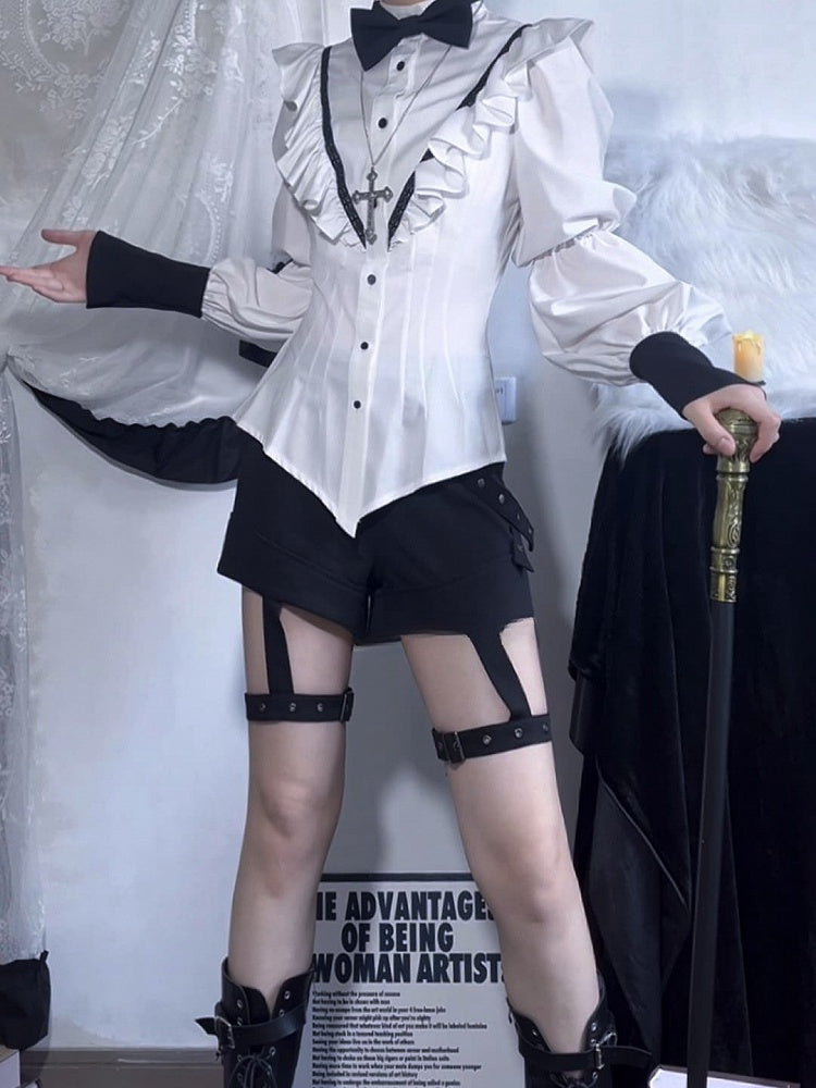 Crisp White Ruffled Shirt with Bow Tie for Ouji - Shi Zhi Mao