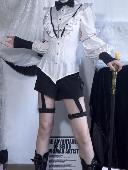 Ouji Style Black Shorts with Buckle Straps - Shi Zhi Mao