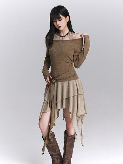Khaki Faux Skirt Off-Shoulder Halter Handkerchief Two-Piece Hem Tiered Top Dress: Coffee Gothic