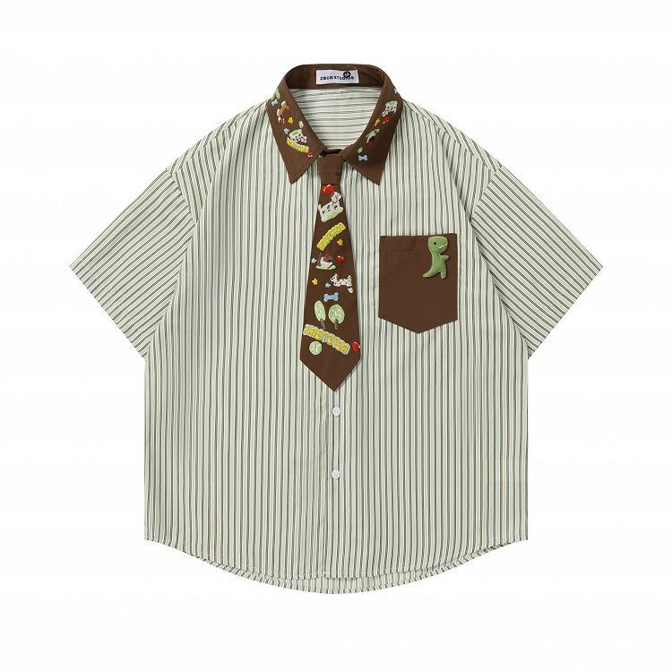 Green Striped Puppy Embroidered Tie Shirt - Languid Park