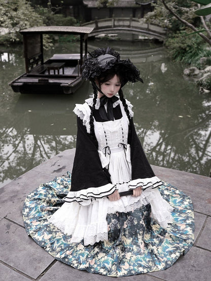 White Bell Bonnet Black Han Floral Apron Horse-face Sleeves Print Top Lolita + Skirt Set