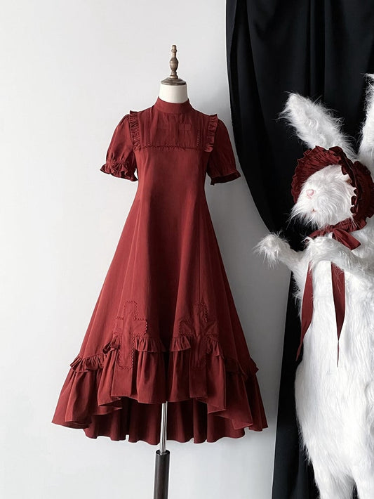 Red Gothic Lolita High-Low Ruffled Dress with Cross Patches - Blossom Herald
