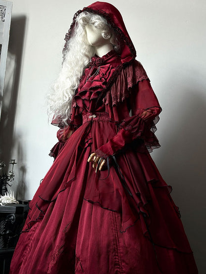 Red Gothic Lolita Ruffle Trim Hooded Top