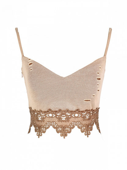 Distressed Brown Cami Top with Lace Edging - Virtual Orbit