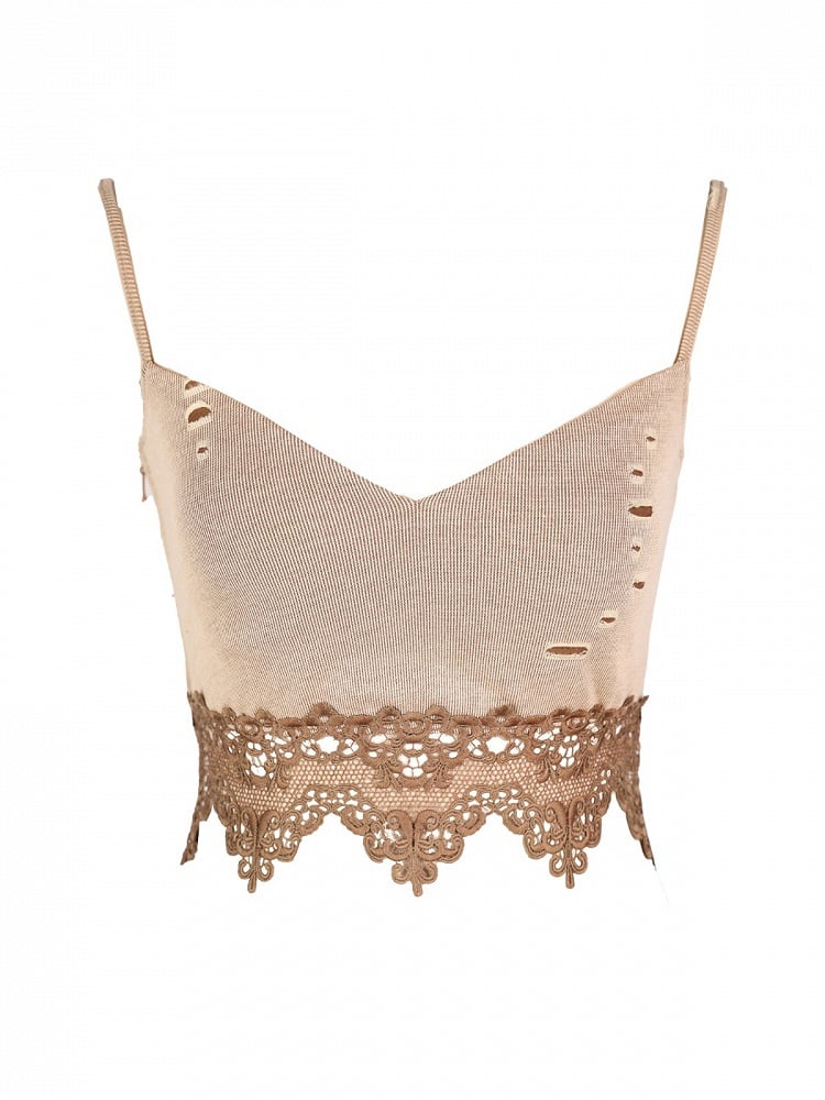Distressed Brown Lace Trim Cami Top - Virtual Orbit