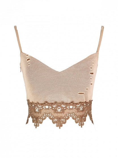 Distressed Brown Lace Trim Cami Top - Virtual Orbit